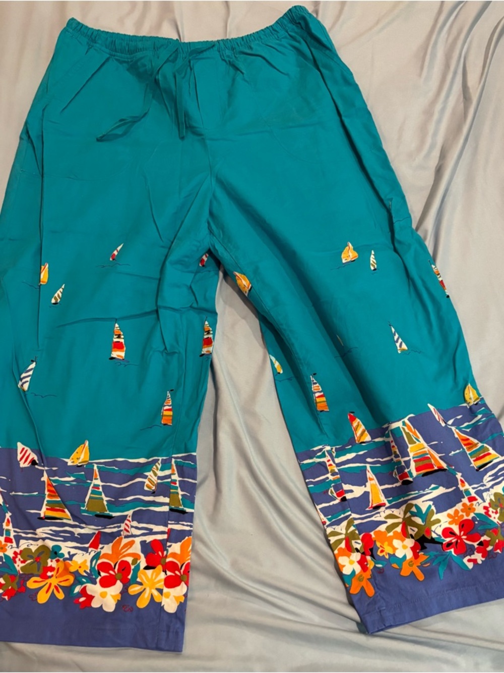 White Stag Teal Capri Pants with Nautical Sailboat and Floral Border